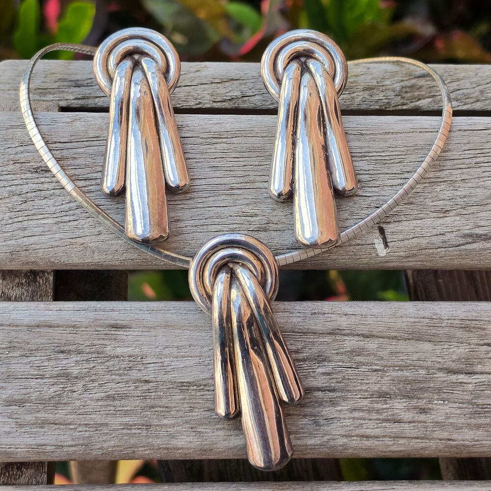 Vintage Electroform Modernist Necklace & Clip On Earrings Set Artist Signed, 925